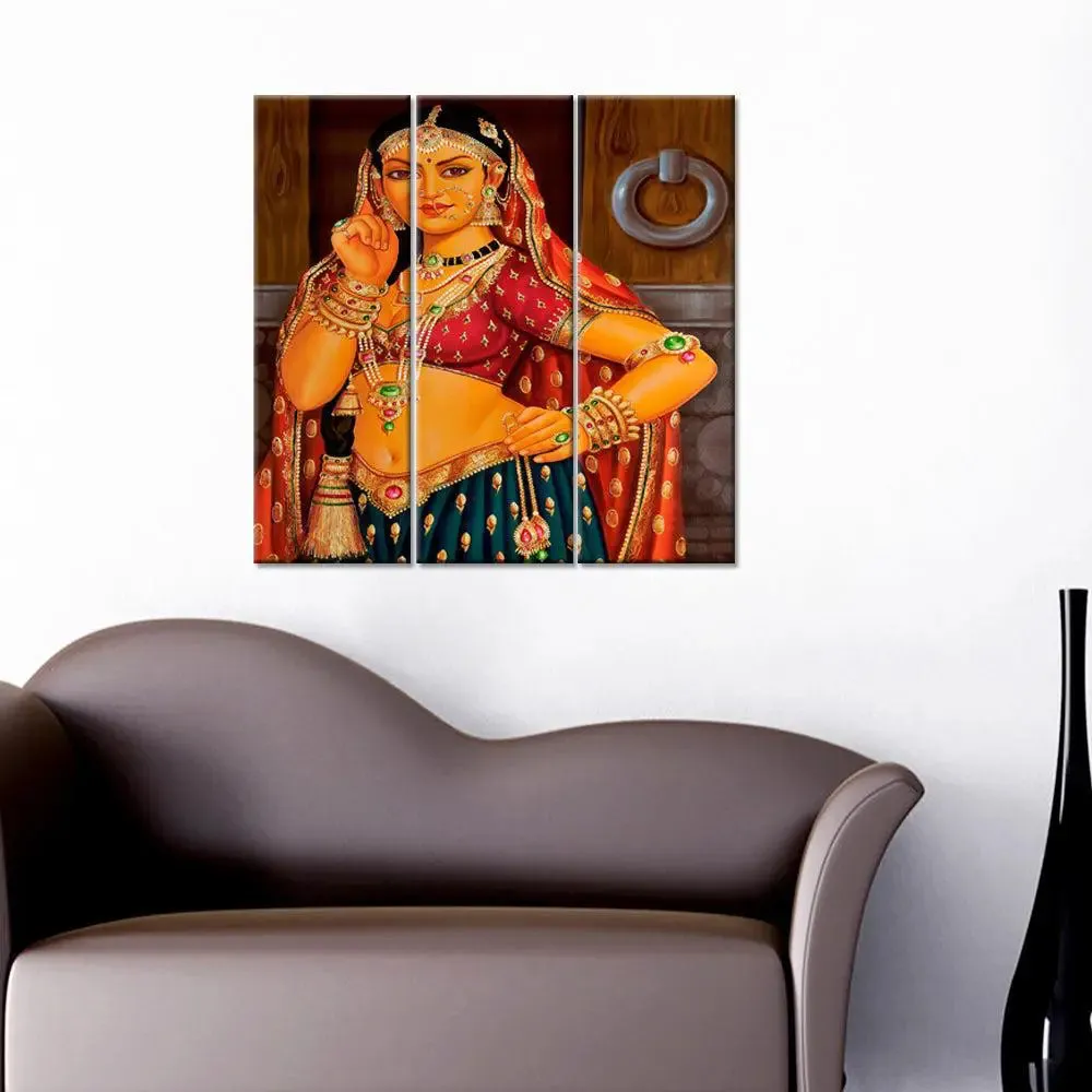 Beautiful Rajasthani women Canvas Printed Painting 3 Pieces Wall Painting with Wooden Framed