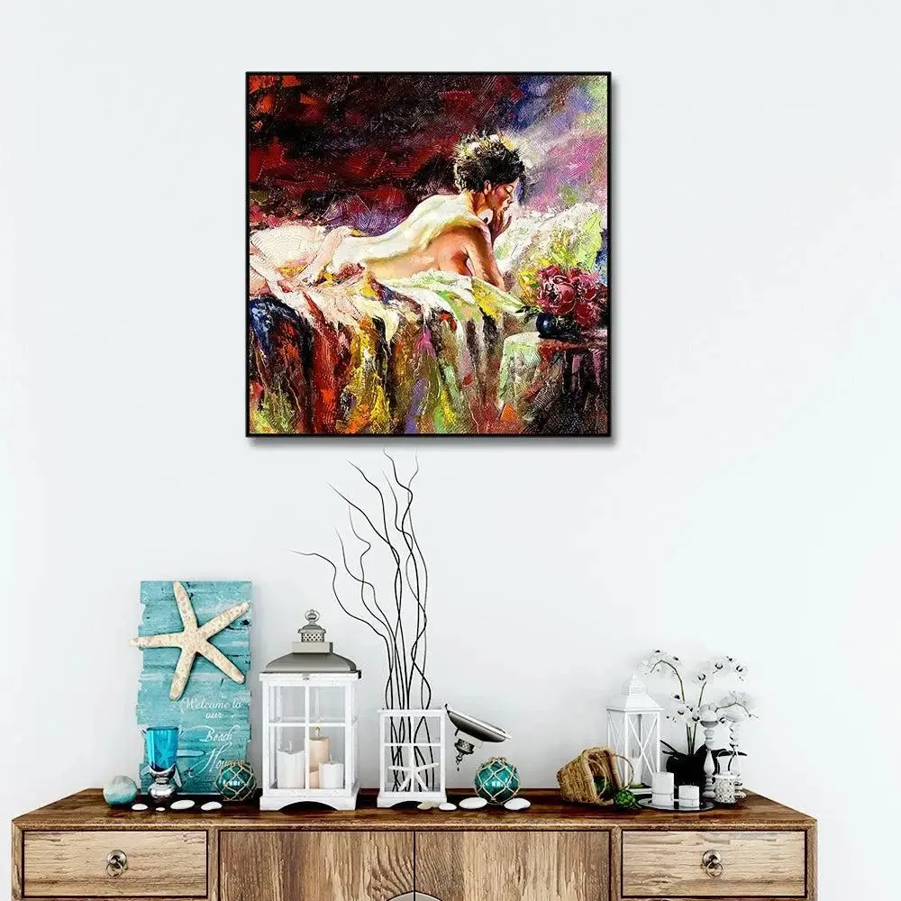 Beautiful Romantic girl Canvas Painting With Black Floating Frame Size: 57 cm (H) X 57 cm (W)