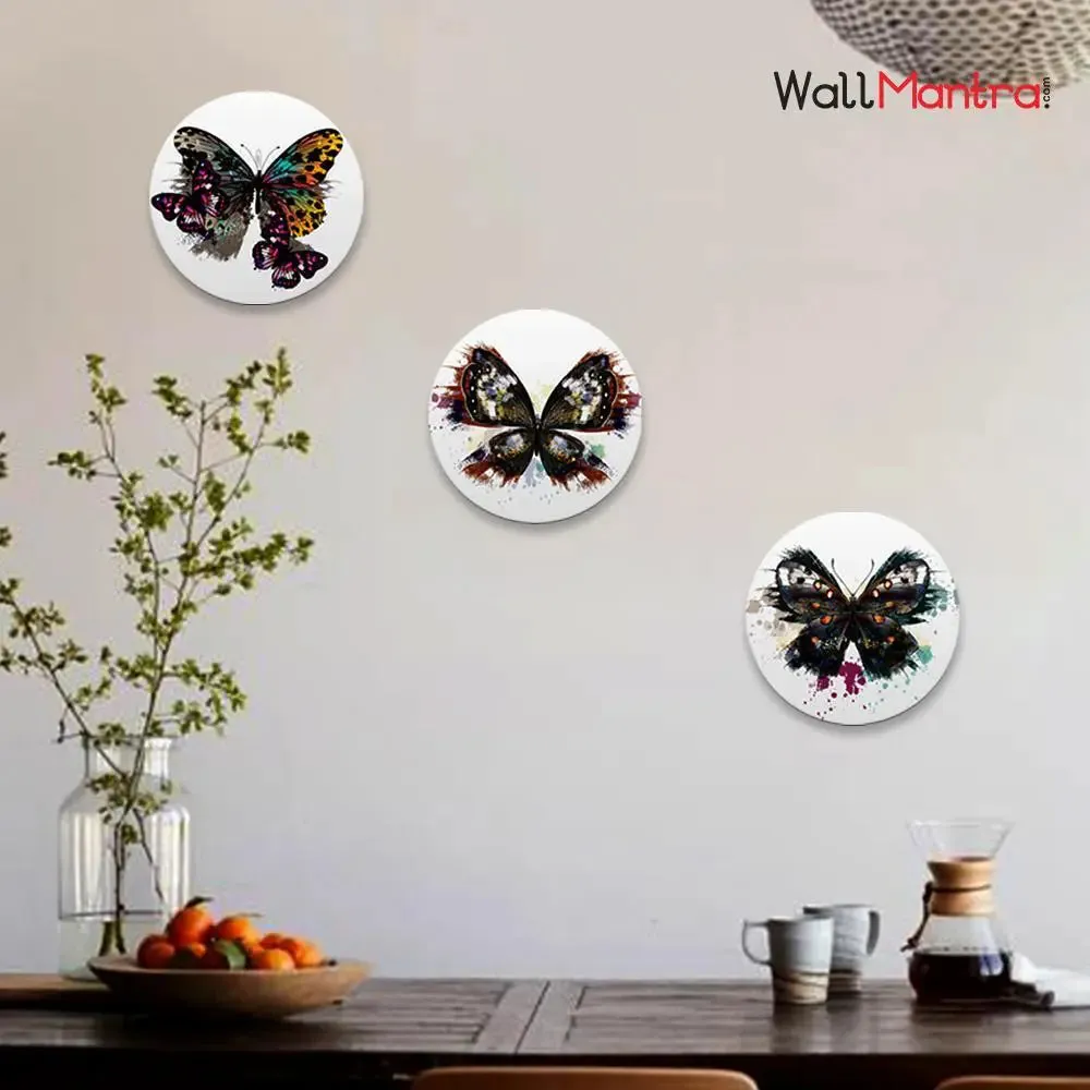 Beautiful Round Shape Butterfly Canvas Wall Painting Set of 3