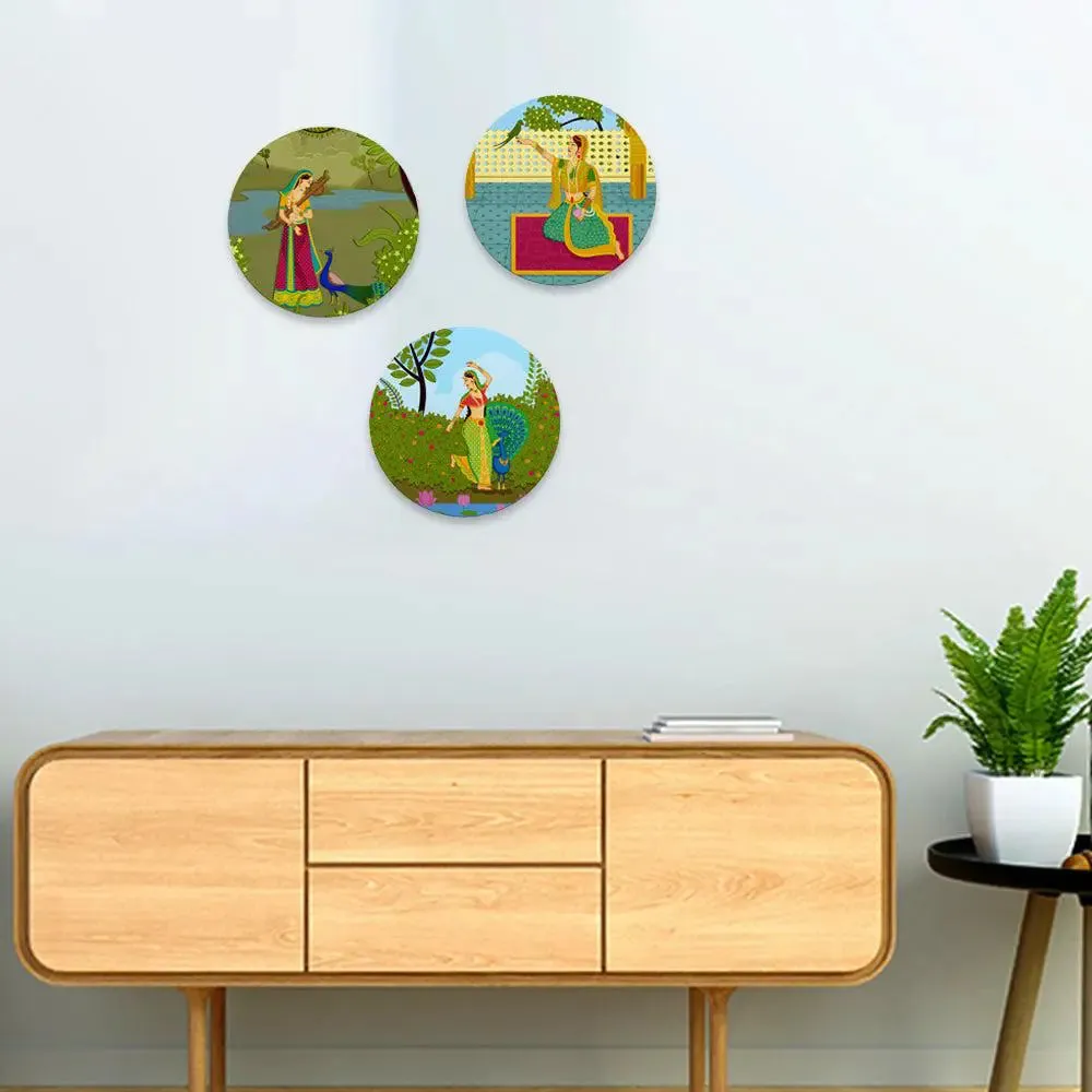 Beautiful Round Shape Meera Dancing Madhubani Wall Painting &amp; Canvas Wall Art Set of 3