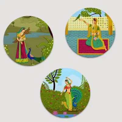 Beautiful Round Shape Meera Dancing Madhubani Wall Painting &amp; Canvas Wall Art Set of 3