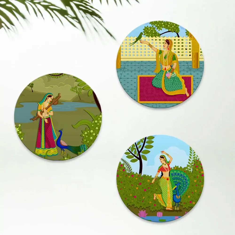 Beautiful Round Shape Meera Dancing Madhubani Wall Painting &amp; Canvas Wall Art Set of 3