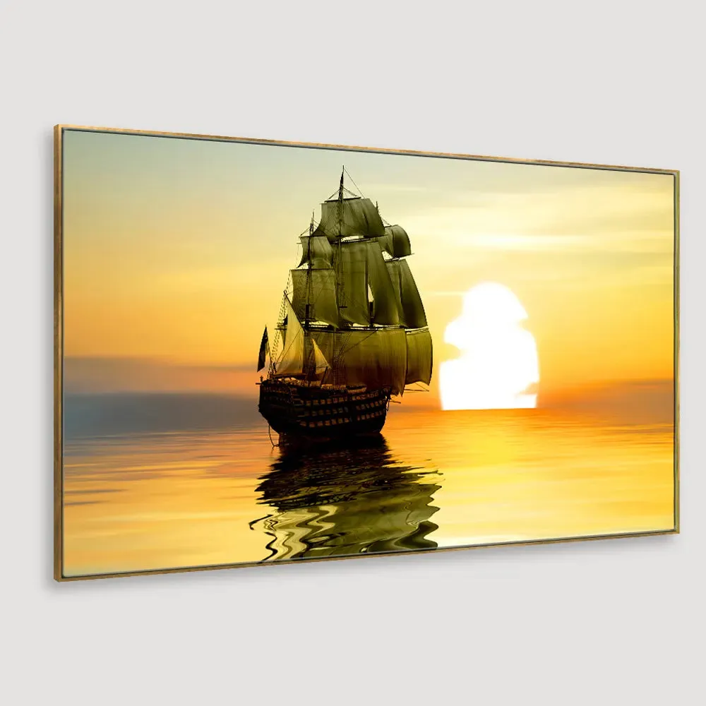Beautiful Sailing Ship With Sunset Scenery Canvas Big Panoramic Wall Hanging With Frame