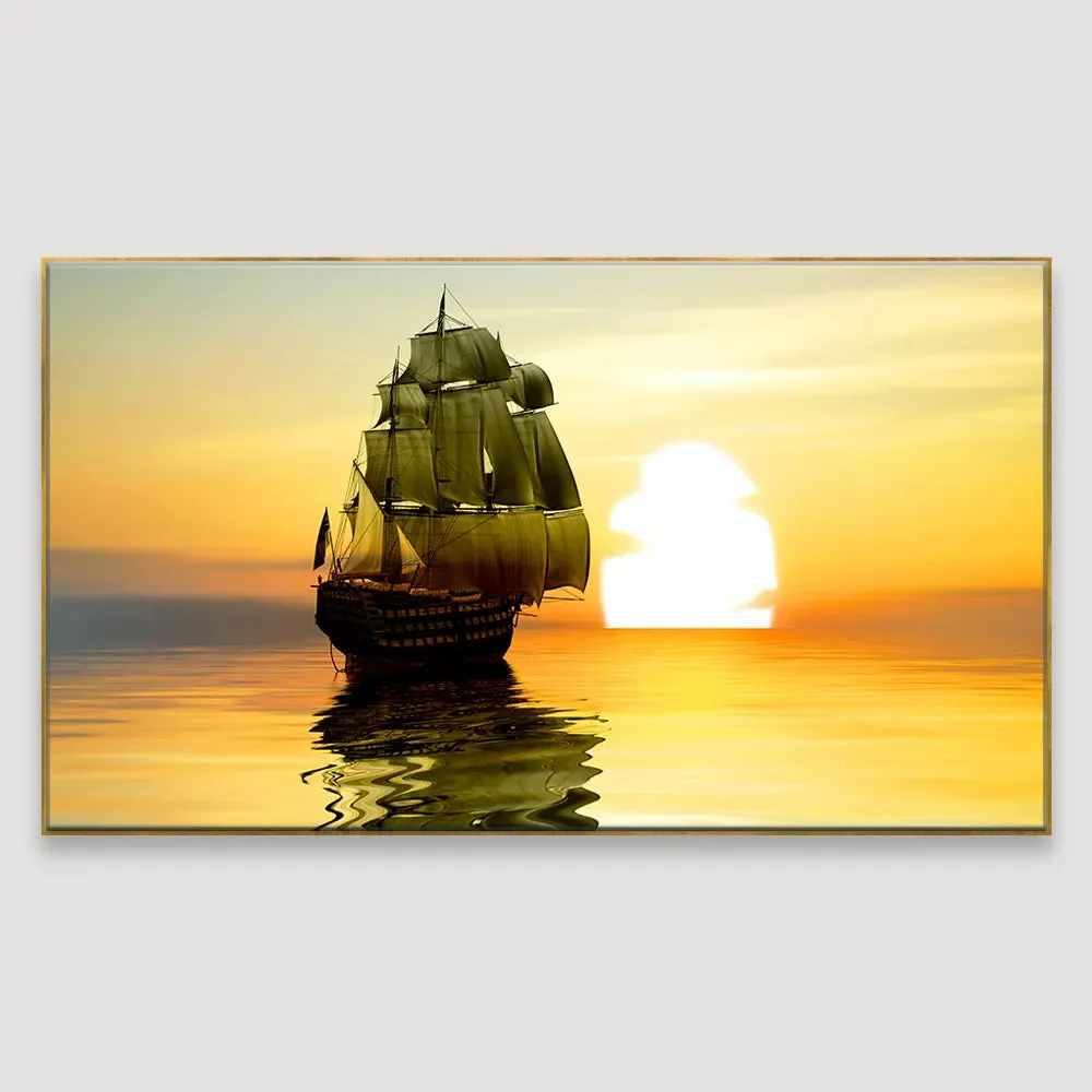 Beautiful Sailing Ship With Sunset Scenery Canvas Big Panoramic Wall Hanging With Frame