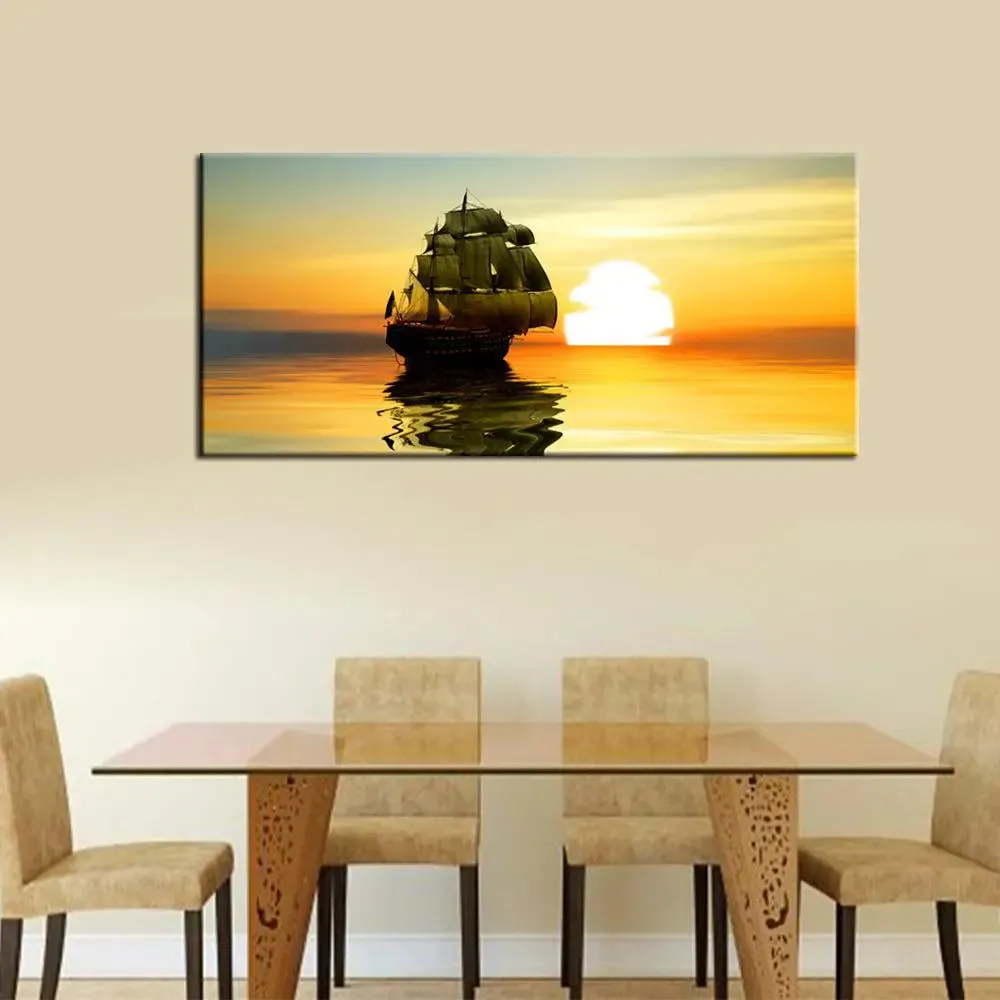 Beautiful Sailing Ship With Sunset Scenery Canvas Big Panoramic Wall Hanging With Frame