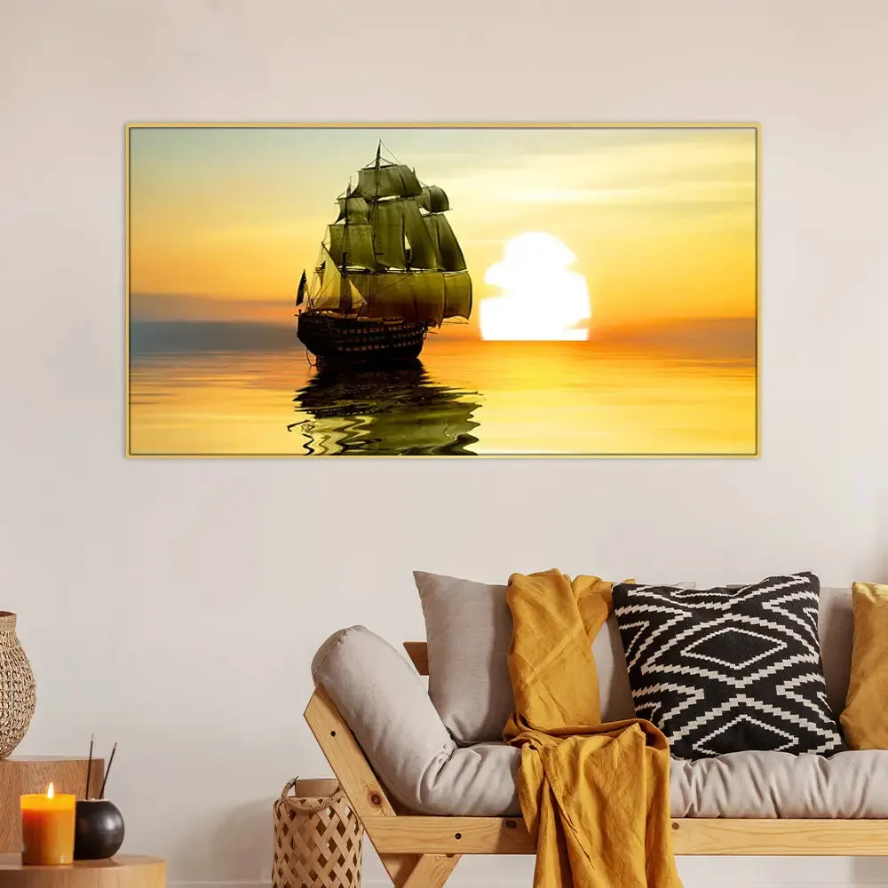 Beautiful Sailing Ship With Sunset Scenery Canvas Big Panoramic Wall Hanging With Frame