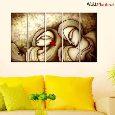 Beautiful Sepia Tone Radha Krishna Wall Painting Stretched over Wood Panels