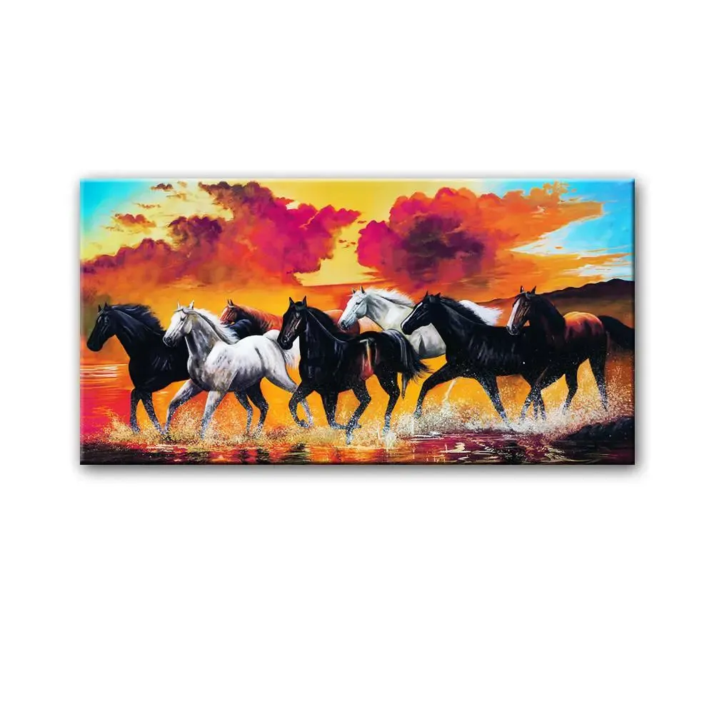 Beautiful Seven Running Black &amp; White Horses Canvas Wall Painting With Wood Frame
