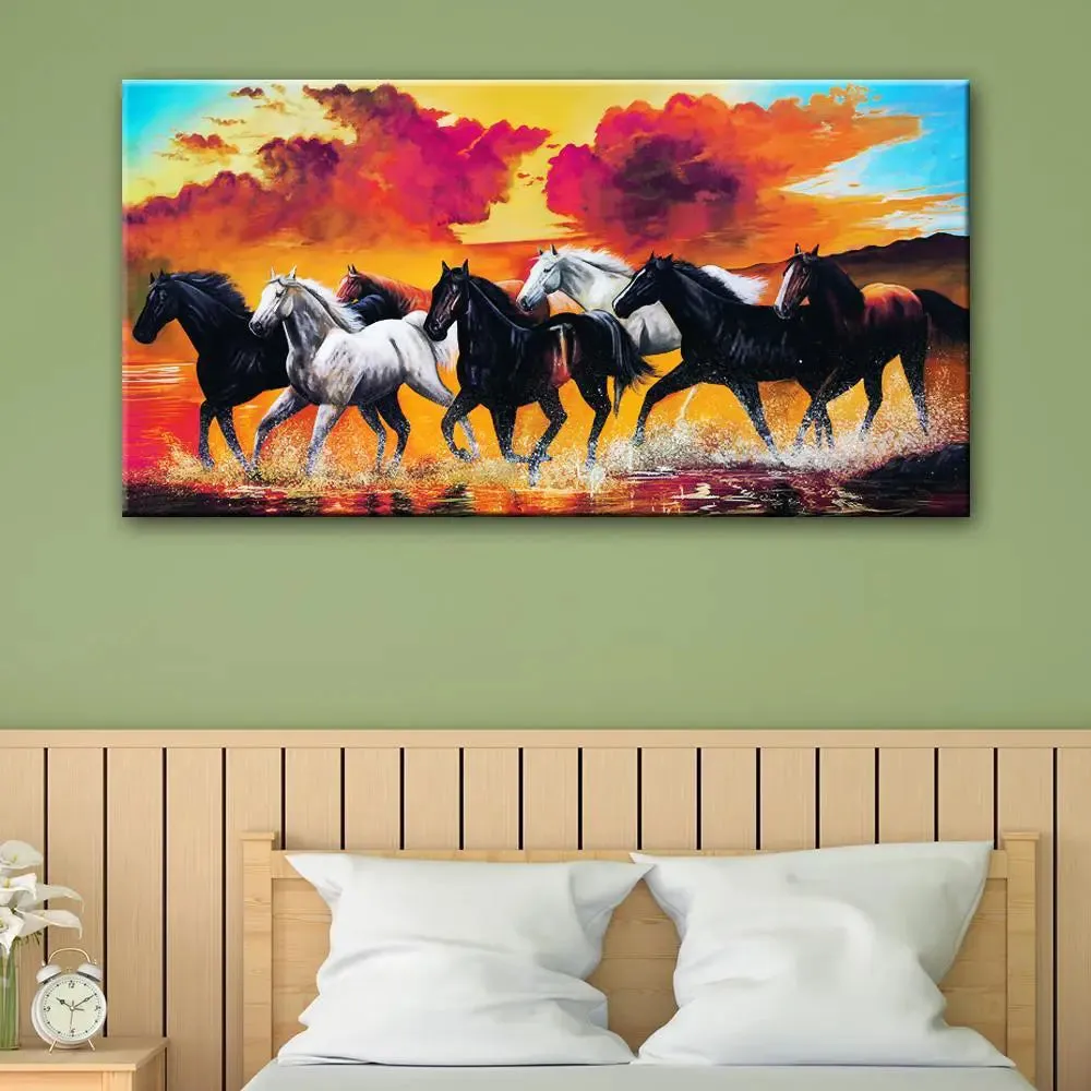 Beautiful Seven Running Black &amp; White Horses Canvas Wall Painting With Wood Frame