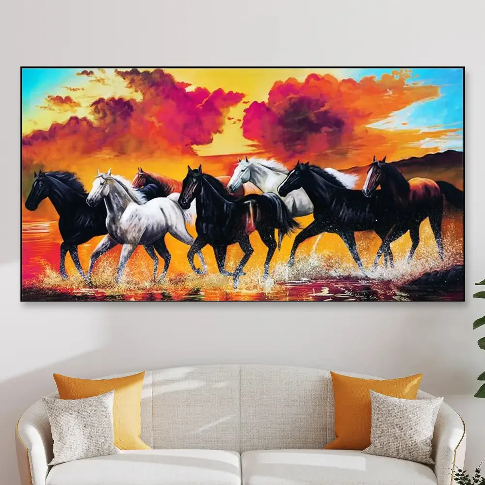 Beautiful Seven Running Black &amp; White Horses Canvas Wall Painting With Wood Frame