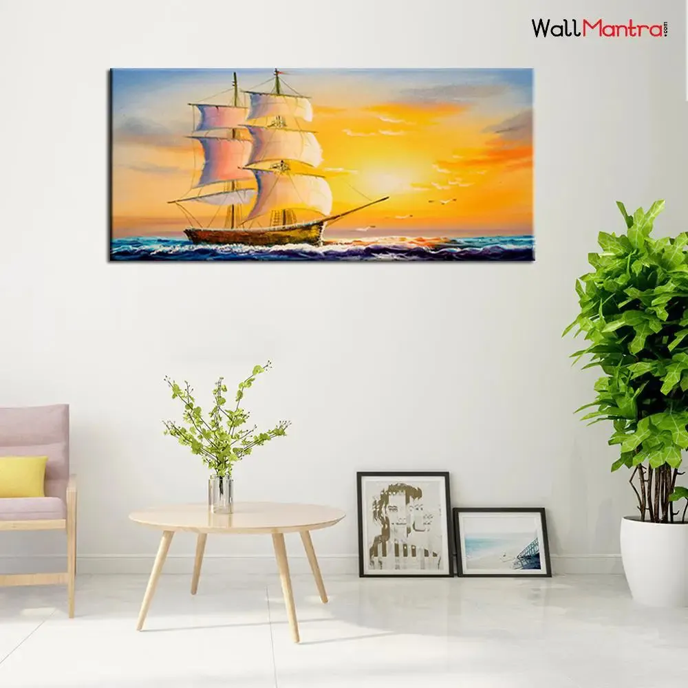 Beautiful Ship in the Sea Scenery Canvas  Wall Painting With Frame