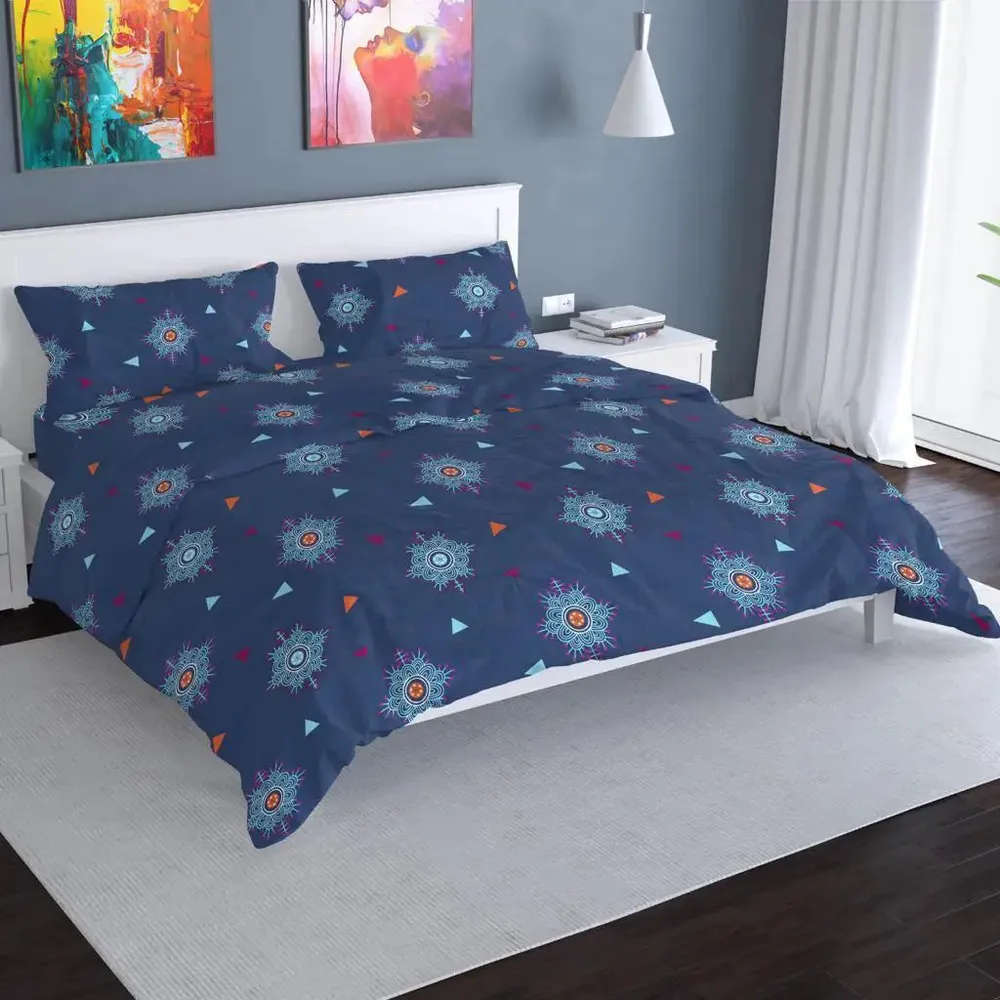 Beautiful Small Hexagon Shape Mandala Pattern Design Over Blue Color Printed Modern Double Bed Premium Bedsheet With Pillow Covers
