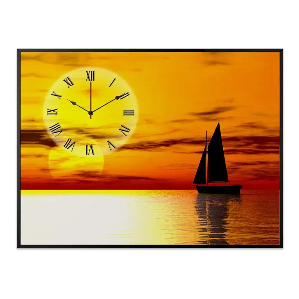 Beautiful Sunset Scenery Canvas Printed Decorative Wall Clock With Floating Frame