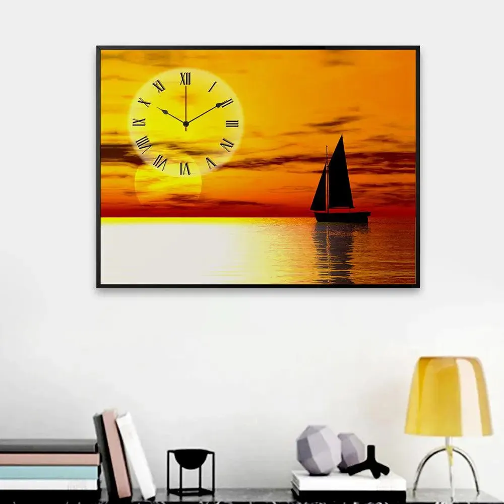 Beautiful Sunset Scenery Canvas Printed Decorative Wall Clock With Floating Frame