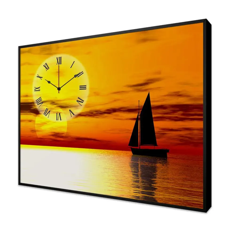 Beautiful Sunset Scenery Canvas Printed Decorative Wall Clock With Floating Frame