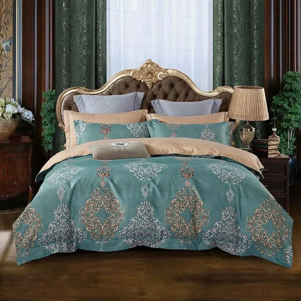 Beautiful Teal Colour Bedsheet with Damask Pattern Design Printed Modern Double Bed Premium Bedsheet With Pillow Covers
