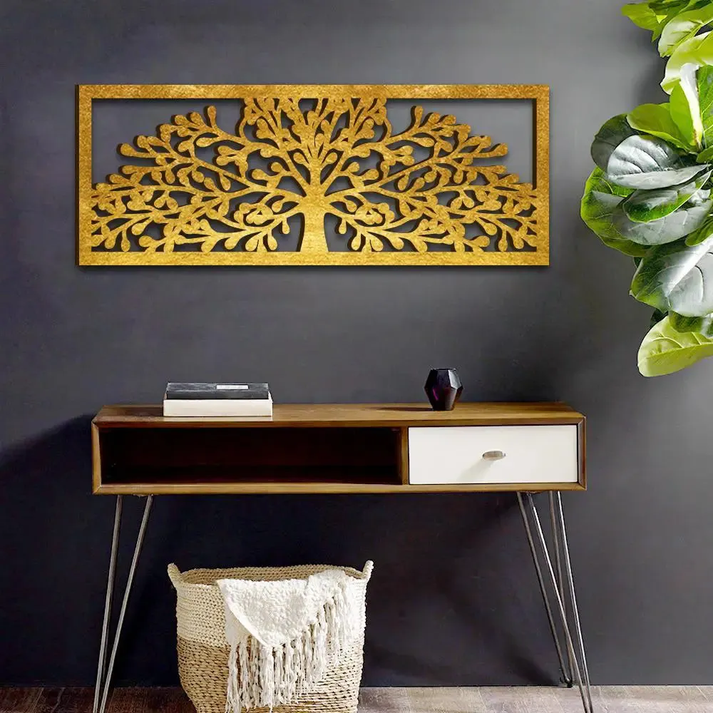 Beautiful Tree in Golden color Design Wooden Wall Hanging Medium(9 inch X 24 inch)