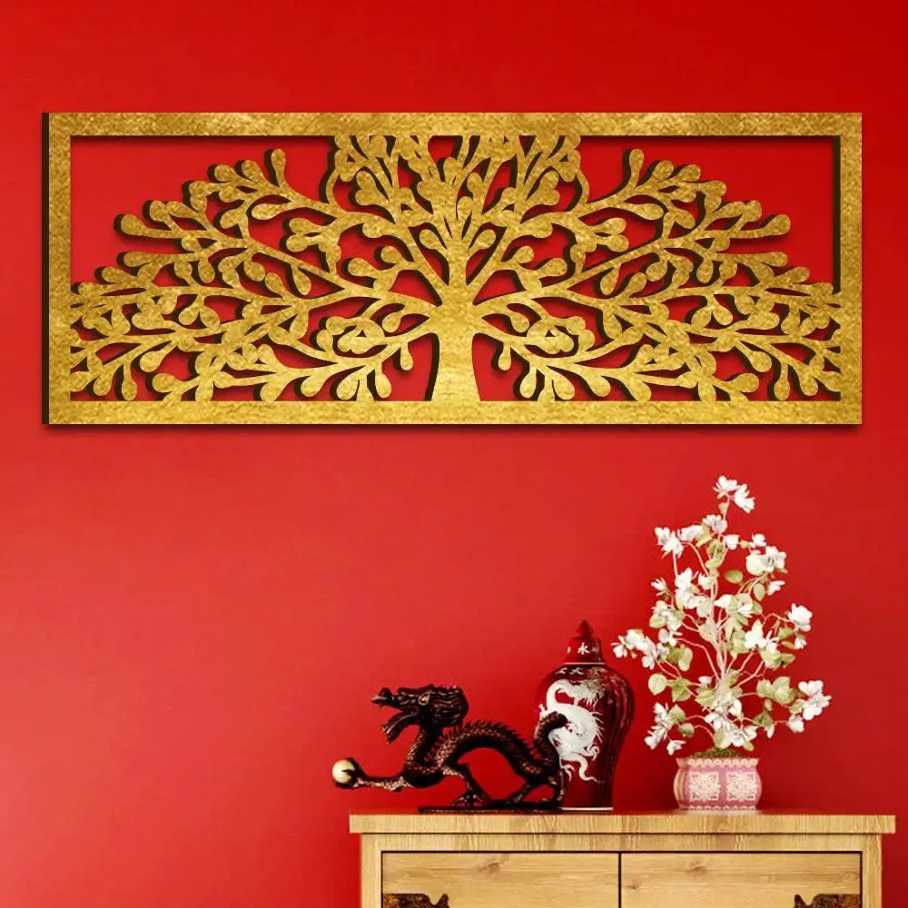 Beautiful Tree in Golden color Design Wooden Wall Hanging Medium(9 inch X 24 inch)