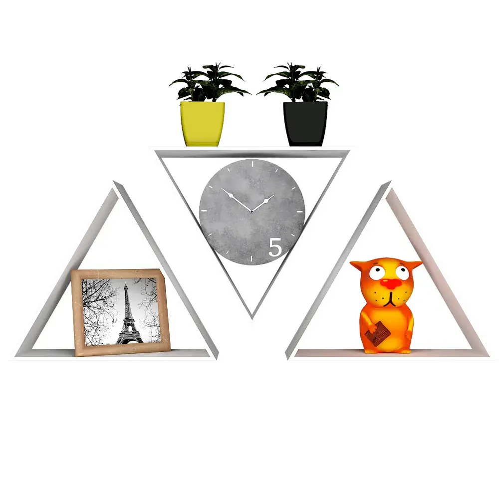 Beautiful Tringle Shape Set of 3 Wood Wall Shelf / Book Shelf, White Color