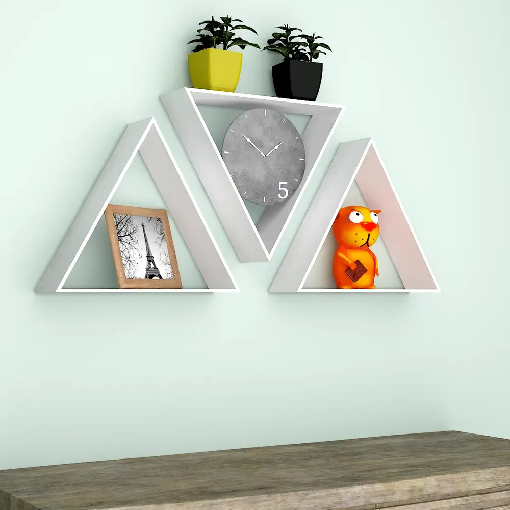 Beautiful Tringle Shape Set of 3 Wood Wall Shelf / Book Shelf, White Color