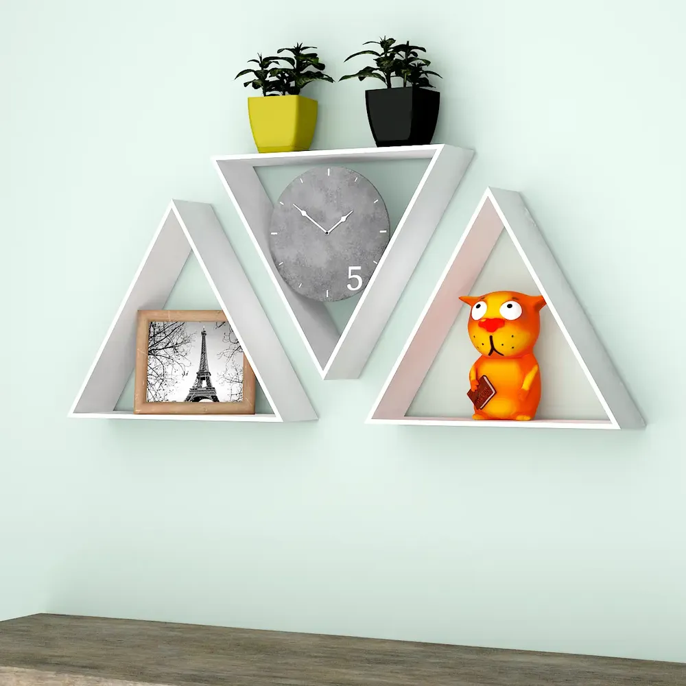 Beautiful Tringle Shape Set of 3 Wood Wall Shelf / Book Shelf, White Color