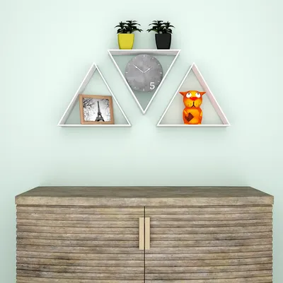 Beautiful Tringle Shape Set of 3 Wood Wall Shelf / Book Shelf, White Color