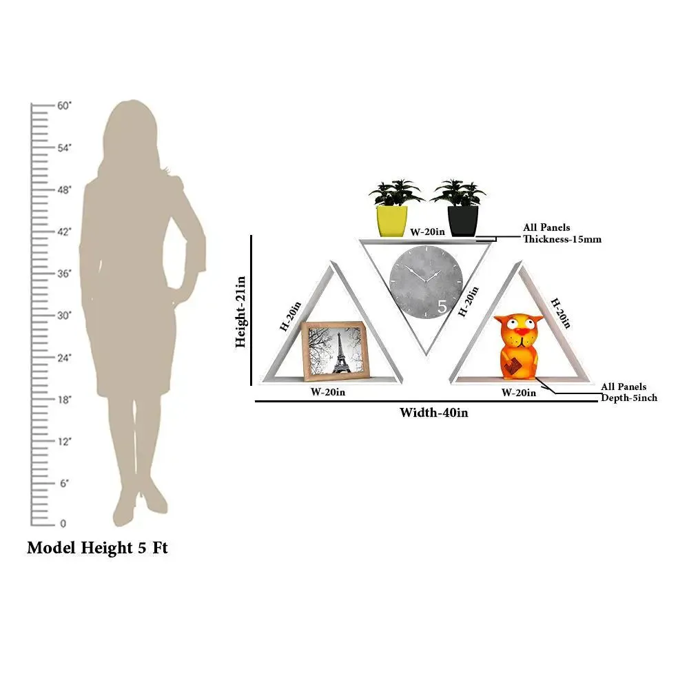 Beautiful Tringle Shape Set of 3 Wood Wall Shelf / Book Shelf, White Color