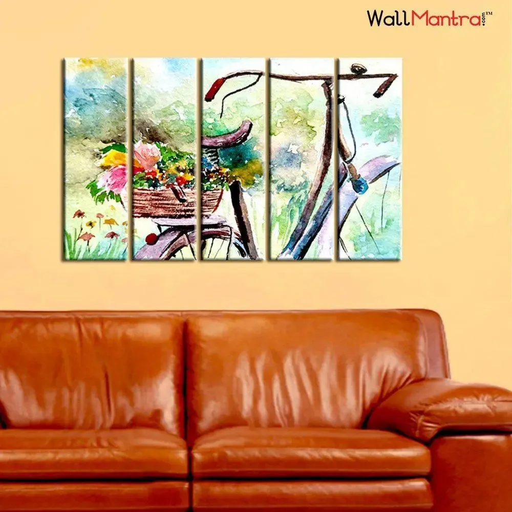 Beautiful Vintage Flower Bicycle Wall Painting In Wooden Framed Canvas