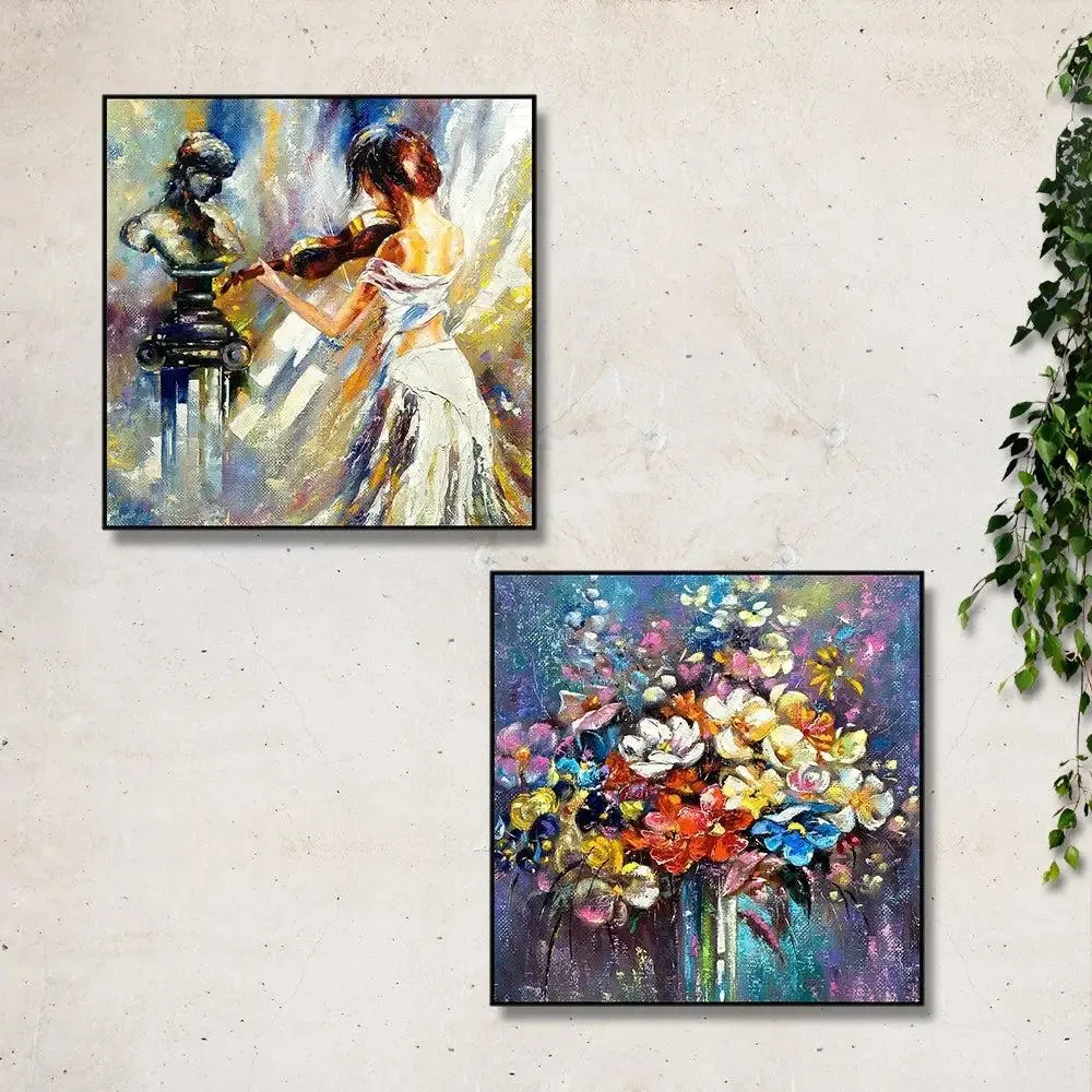Beautiful Violin Girl With Flowers Canvas Painting With Black Floating Frame Size: 30 cm (H) X 30 cm (W) Set of 2