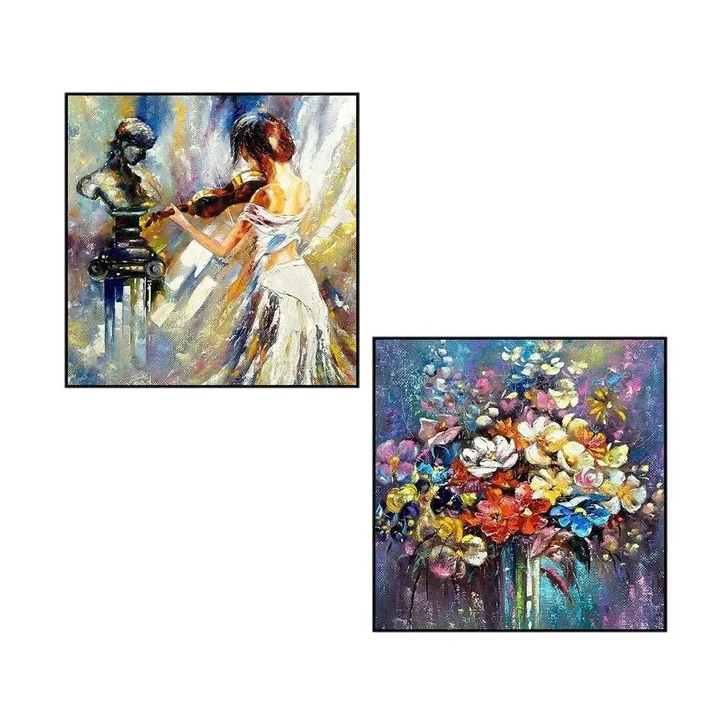 Beautiful Violin Girl With Flowers Canvas Painting With Black Floating Frame Size: 30 cm (H) X 30 cm (W) Set of 2