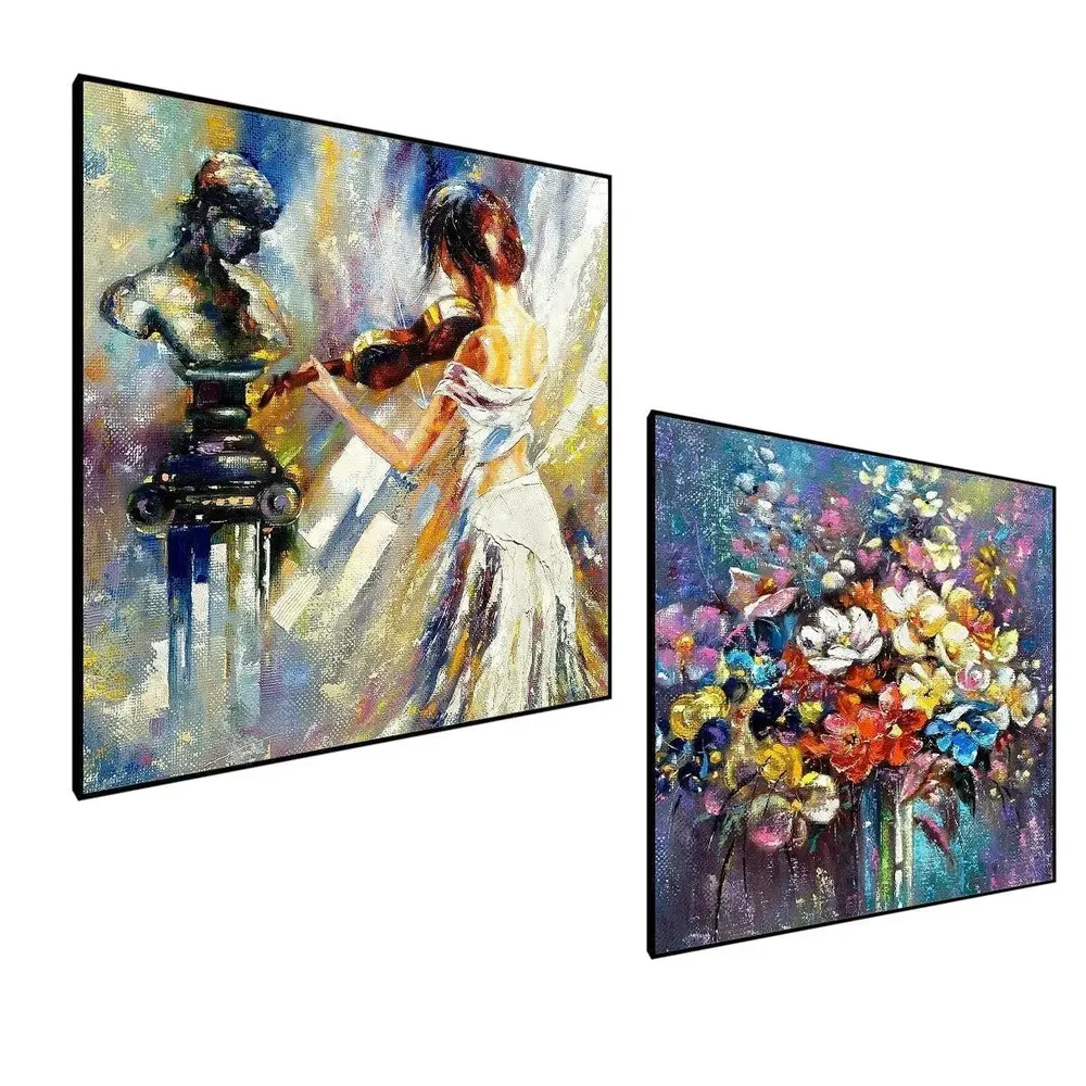 Beautiful Violin Girl With Flowers Canvas Painting With Black Floating Frame Size: 30 cm (H) X 30 cm (W) Set of 2