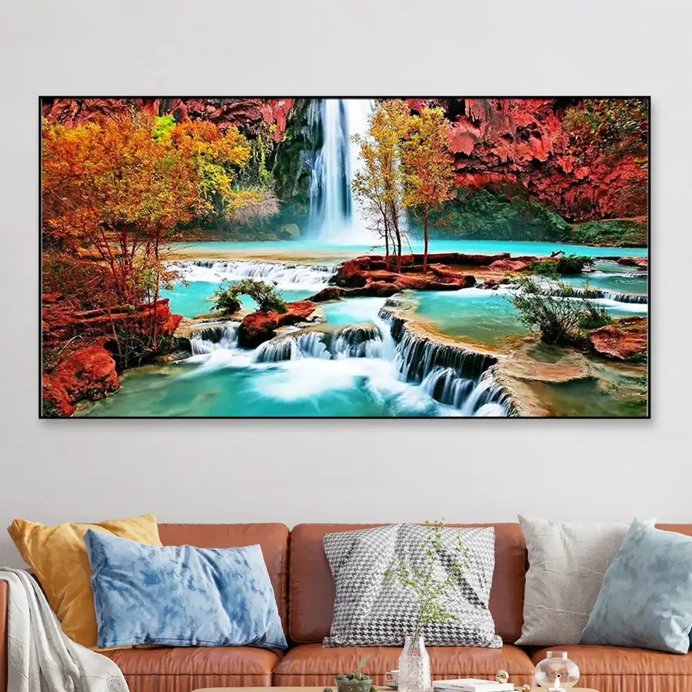 Beautiful Waterfall Nature Scenery Canvas  Wall Painting Wide Format With Frame