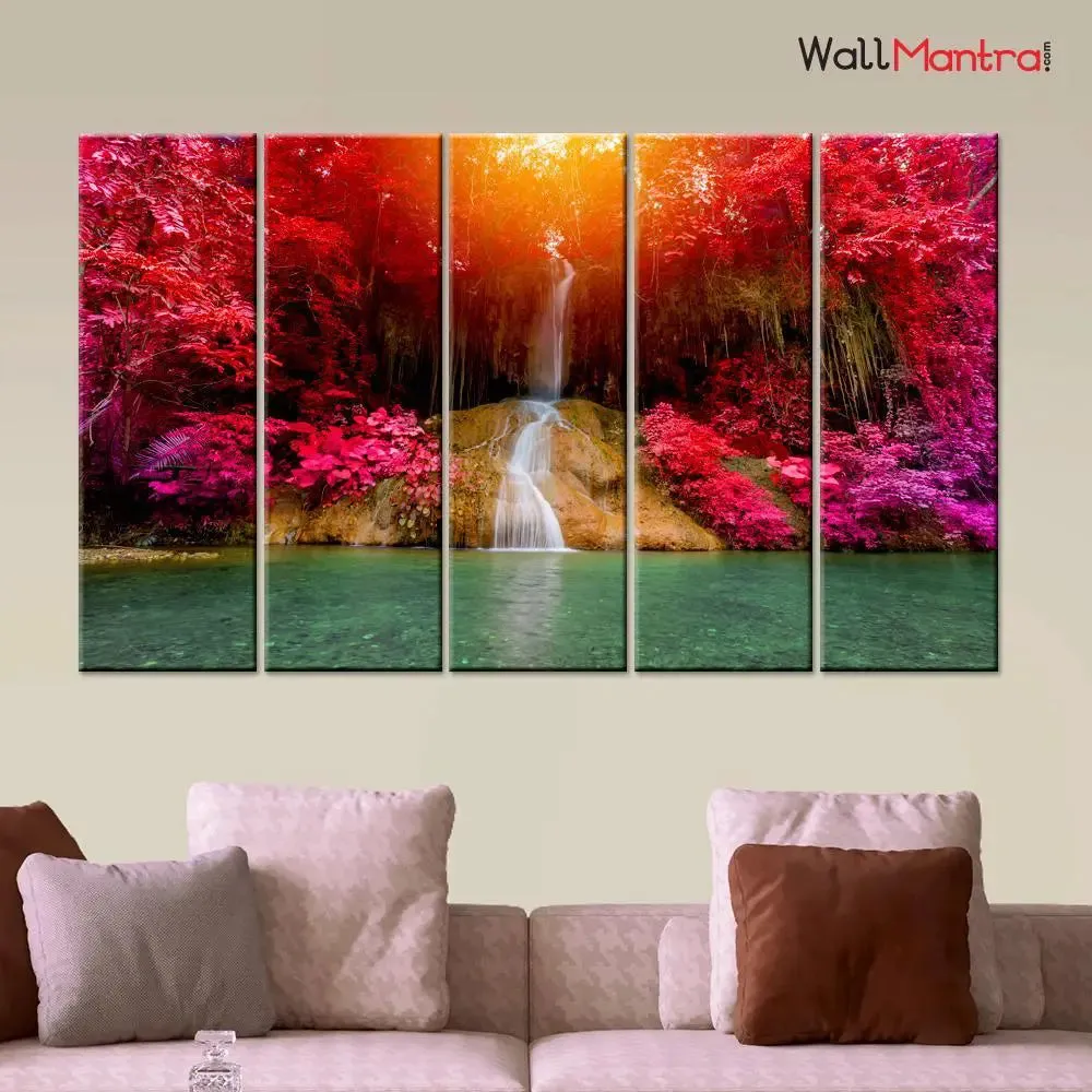 Beautiful Waterfall Scenery 5 Pieces Canvas Print Wall Painting