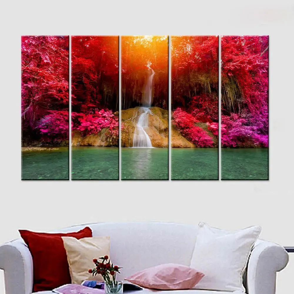 Beautiful Waterfall Scenery 5 Pieces Canvas Print Wall Painting