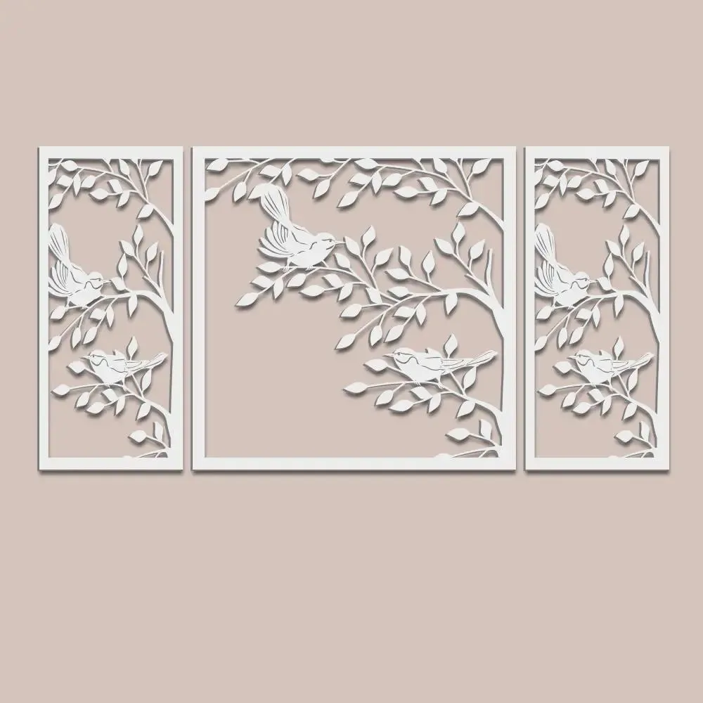 Beautiful White color Tree Design with Birds Wooden Wall Hanging Medium(18 inch X 40 inch)