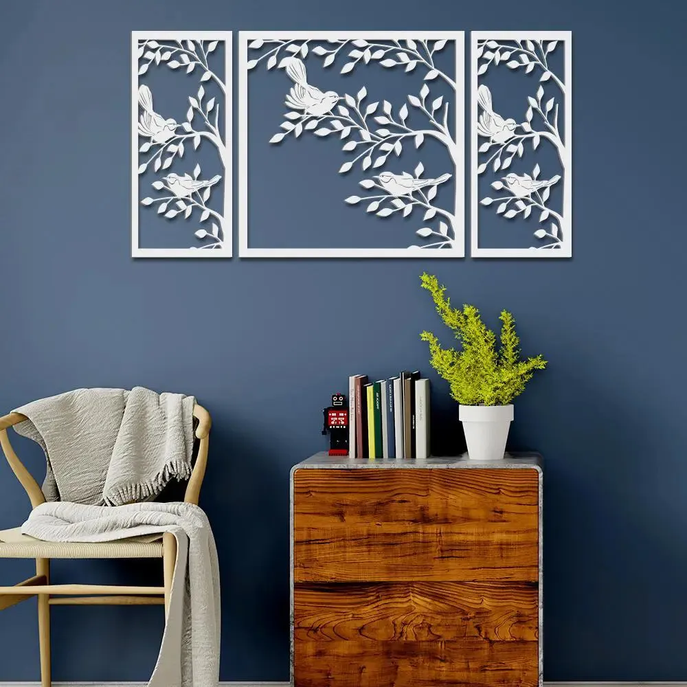 Beautiful White color Tree Design with Birds Wooden Wall Hanging Medium(18 inch X 40 inch)