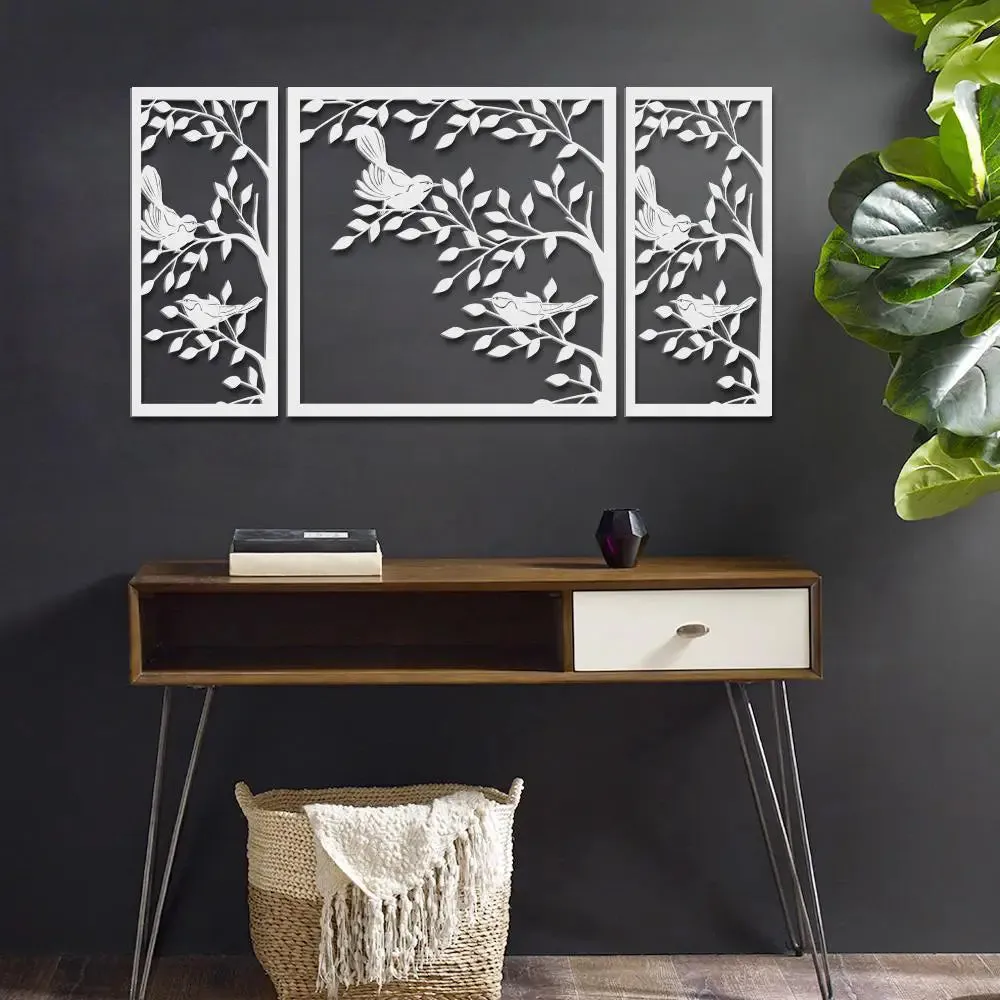 Beautiful White color Tree Design with Birds Wooden Wall Hanging Medium(18 inch X 40 inch)