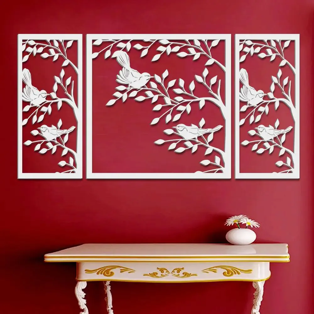 Beautiful White color Tree Design with Birds Wooden Wall Hanging Medium(18 inch X 40 inch)