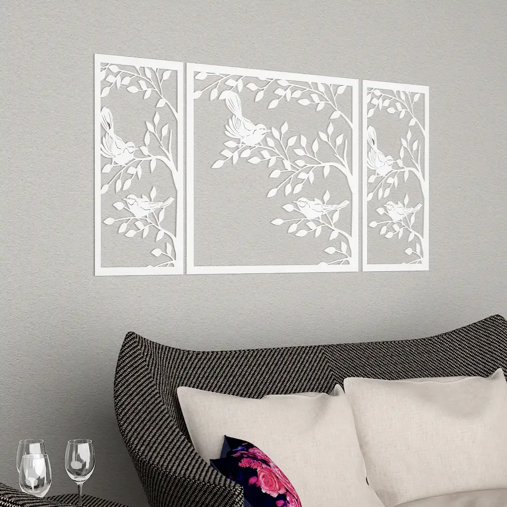 Beautiful White color Tree Design with Birds Wooden Wall Hanging Medium(18 inch X 40 inch)