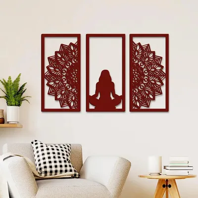 Beautiful Yoga Girl Maroon Color Design Wooden Wall Hanging