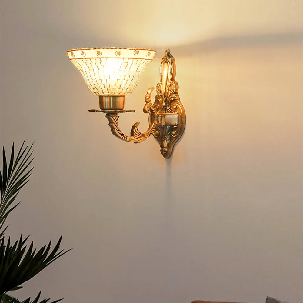 Beautifully Curved Antique Brass Finished Aluminum Mosaic Glass 1 light Wall Sconce