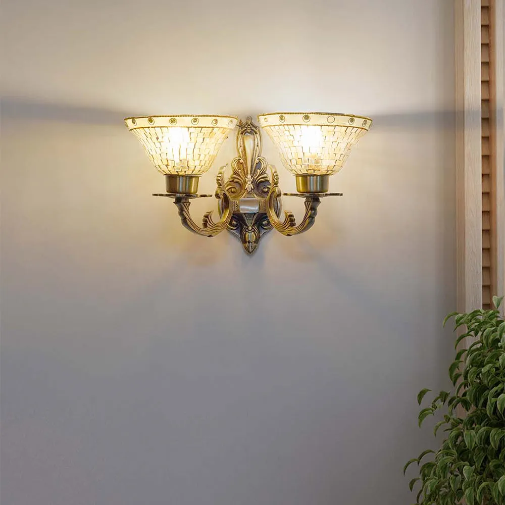 Beautifully Curved Antique Brass Finished Aluminum Mosaic Glass 2 lights Wall Sconce
