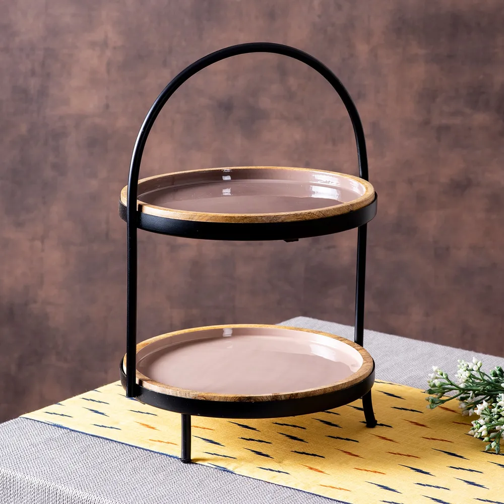 Beige and Brown Plated 2 Tier Metal Buffet Organizer