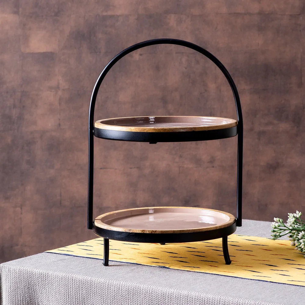 Beige and Brown Plated 2 Tier Metal Buffet Organizer