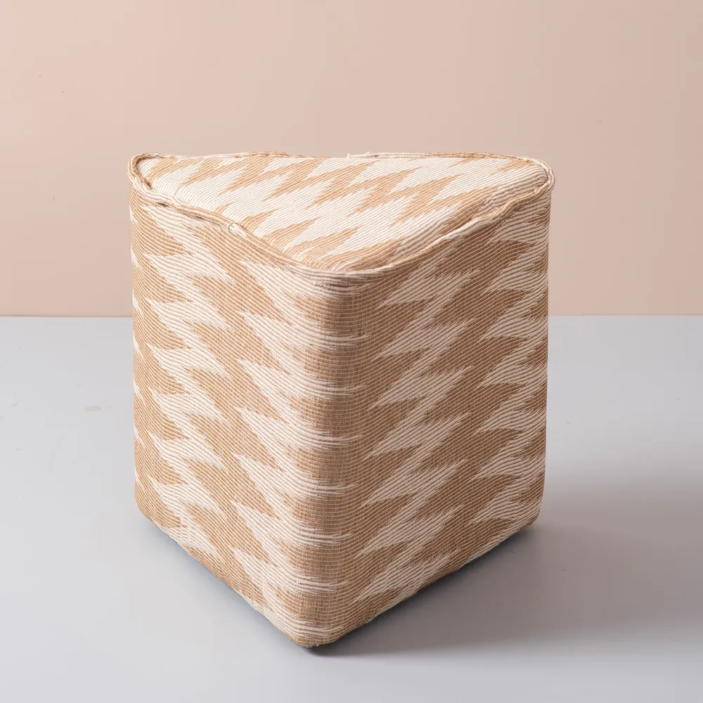 Beige and Cream Ikat Print Triangular  Cotton Pouffe Stool