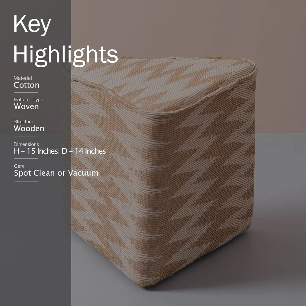 Beige and Cream Ikat Print Triangular  Cotton Pouffe Stool