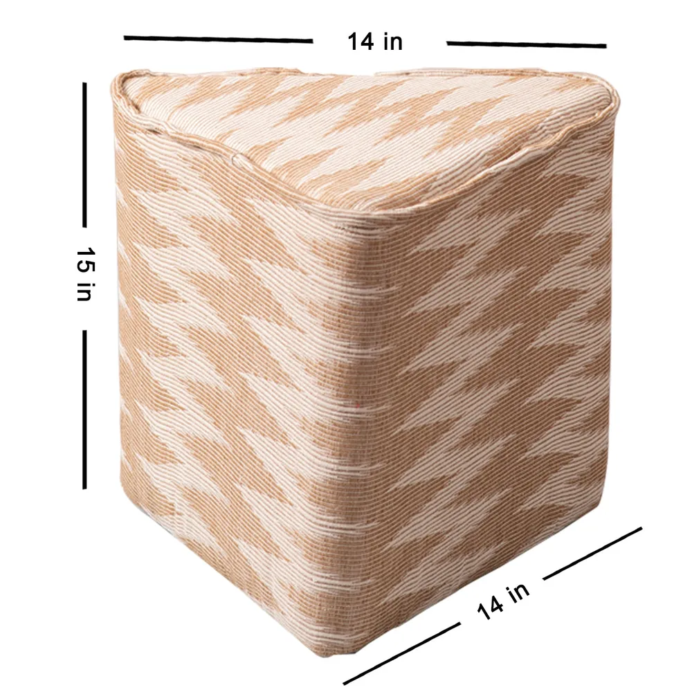 Beige and Cream Ikat Print Triangular  Cotton Pouffe Stool