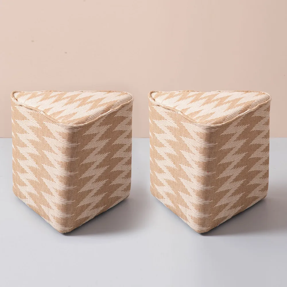 Beige and Cream Ikat Print Triangular  Cotton Pouffe Stool Set Of 2