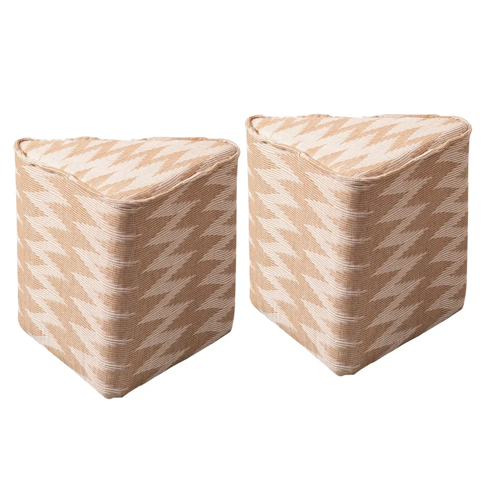 Beige and Cream Ikat Print Triangular  Cotton Pouffe Stool Set Of 2