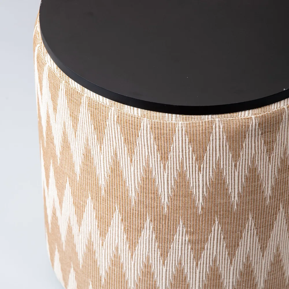Beige and Cream Ikat Print Woven Jacquard Storage Ottoman Wood Stool